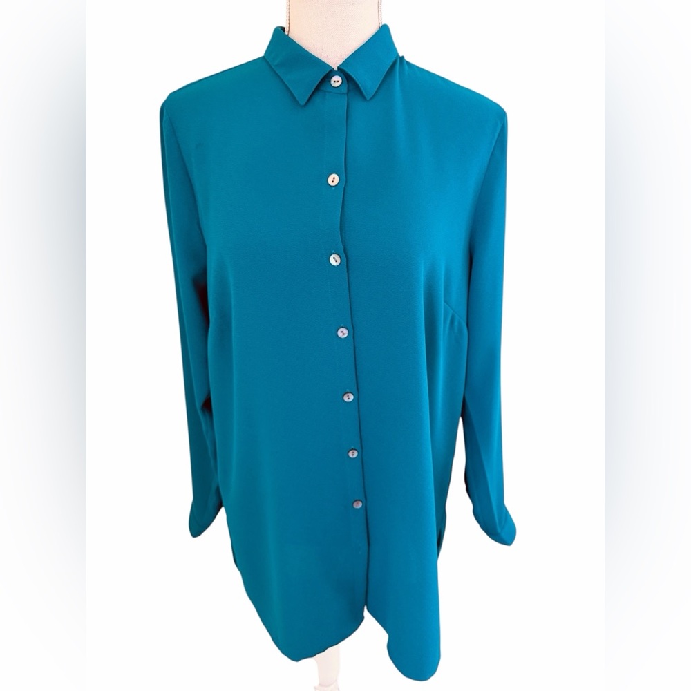 J. Jill Teal Crepe Button-Up Long Sleeve Blouse with Pleated Back Detail M